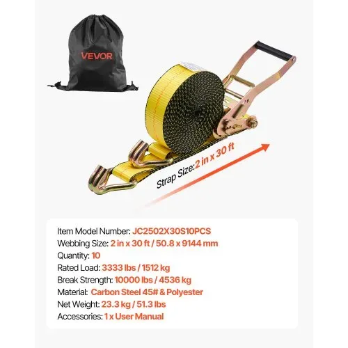 VEVOR Spanngurte, 50,8x9144 mm, Hochleistungs-Zurrgurte mit Doppel-J-Haken, Bruchlast 4536 kg, Ratschenmechanismus für Umzüge, Anhänger, Motorräder, Kajaks, Autodächer, 10er-Pack – Bild 6