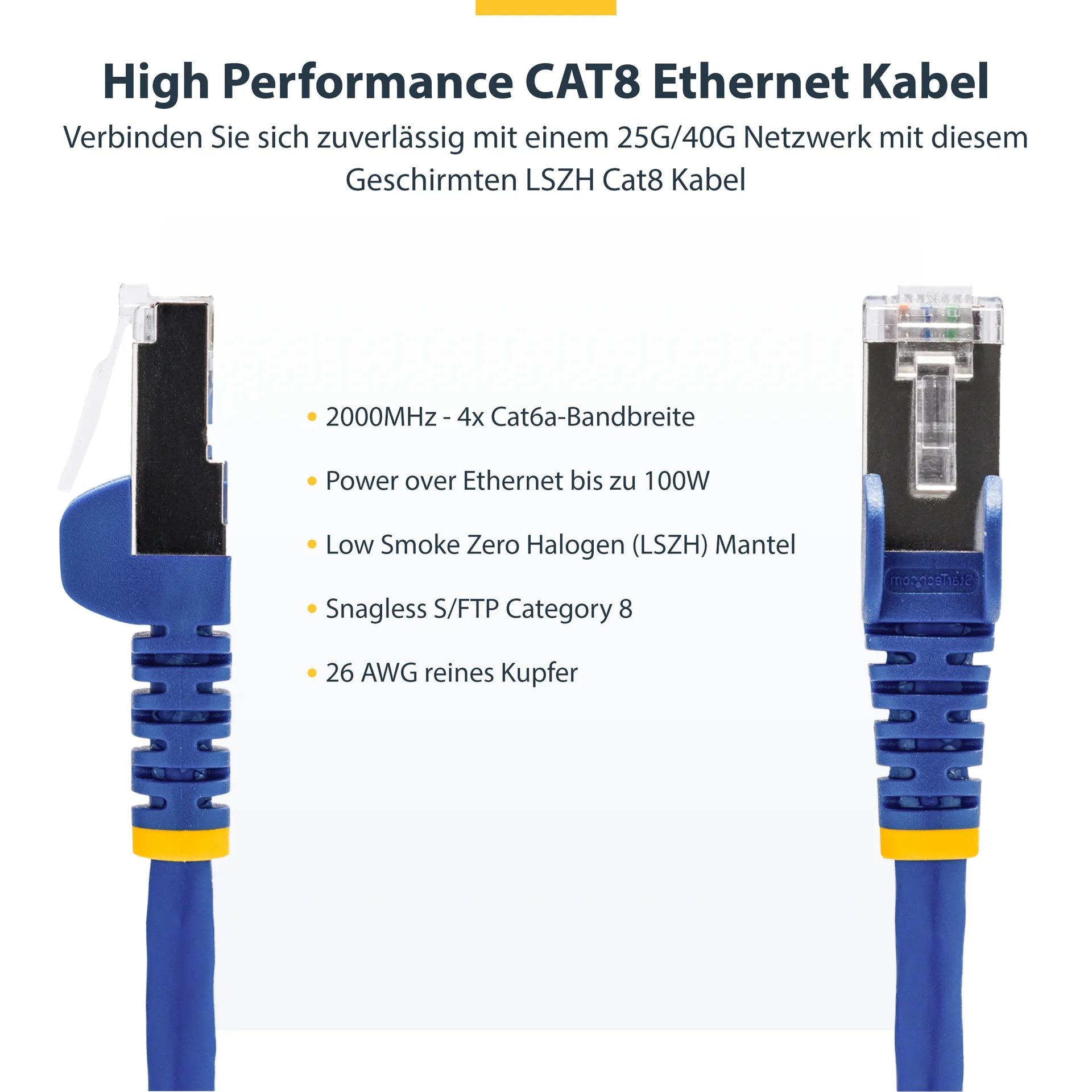 StarTech.com 1 m Blaues CAT8 Netzwerkkabel, Snagless RJ45 Patchkabel, 25G/40G LAN Kabel, 2000MHz, 100W PoE++, S/FTP, 26AWG Reinkupfer, LSZH, Ethernetkabel mit Zugentlastung, Fluke Getestete PiMF Datenkabel – Bild 5