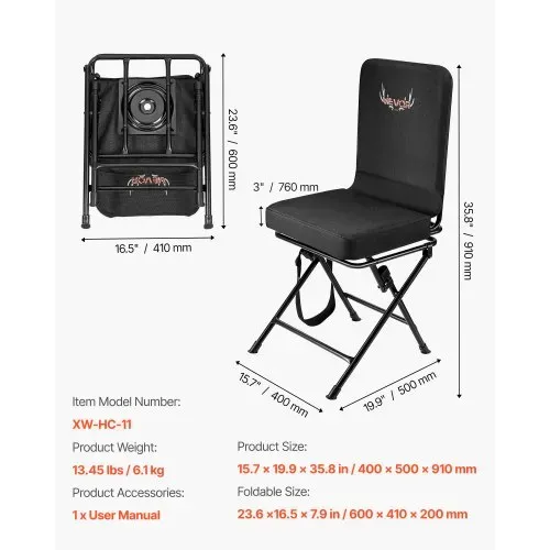 VEVOR Faltstuhl Campingstuhl Anglerstuhl mit Rückenlehne & verstellbarem Schultergurt Klappstuhl Gartenstuhl (136 kg belastbar) 360° geräuschlos drehbar, für Picknick Garten Outdoor Schwarz – Bild 6