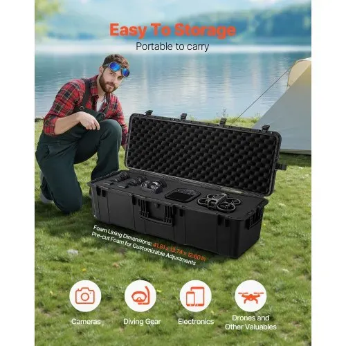 VEVOR 5,5 Kubikfuß wetterfester Hartschalenkoffer, wasserdichter Hartschalenkoffer mit großer Kapazität und 3 Griffen, IP67 wasserdichte Schutzhülle mit 6 Clips, 6 Vorhängeschlosslöchern und Schaumstoffeinlage für große Geräte, schwarz – Bild 2