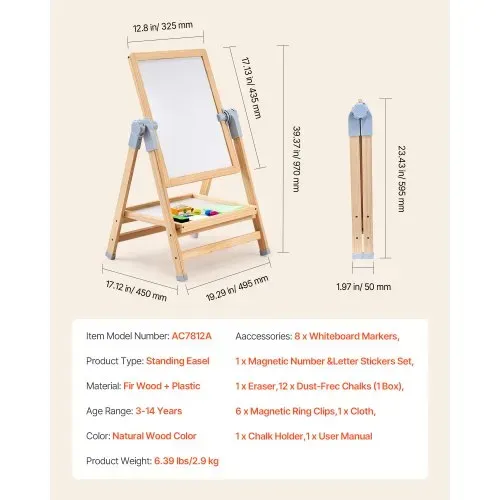 VEVOR Kunststaffelei für Kinder, 2-in-1-Kunststaffelei aus Holz, doppelseitig, mit magnetischem Whiteboard und Kreidetafel, verstellbares, stehendes, drehbares, faltbares Zeichenbrett mit Malzubehör für Jungen und Mädchen – Bild 6