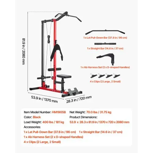 VEVOR Latzugstation, 3-in-1 Latzugturm, Kraftstation mit Latzugstange & Seilzug, bis 181 kg Belastbar, Krafttraining für Rücken Arme Schultern Bauch, Latzugmaschine für Fitnesscenter Zuhause, Schwarz – Bild 6