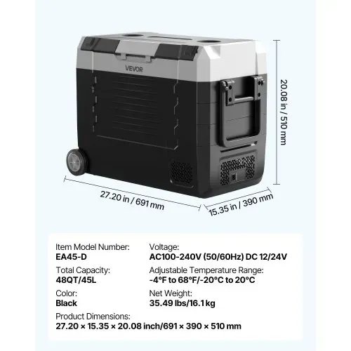 VEVOR Kompressor Kühlbox 12/24 V DC 100–240 V AC, Autokühlschrank 45 L mit App-Steuerung & Rädern & 2 Temperaturzonen (-20 °C bis 20 °C), Tragbarer Kühlschrank für Wohnmobile Boote Camping Angeln – Bild 6