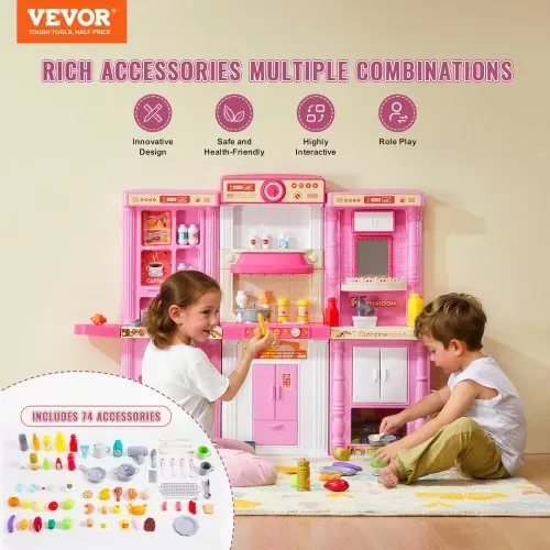 VEVOR Kinderküchen-Spielset, 3-in-1-Kleinkinderküche mit simuliertem Sprühnebel, Geräuschen & Lichtern, Spielküchenset mit 74-teiligem Kochzubehörset für Kinder im Alter von 3–8 Jahren, pink VEVOR Kinderküchen-Spielset, 3-in-1-Kleinkinderküche mit simuliertem Sprühnebel, Geräuschen & Lichtern, Spielküchenset mit 74-teiligem Kochzubehörset für Kinder im Alter von 3–8 Jahren, pink
