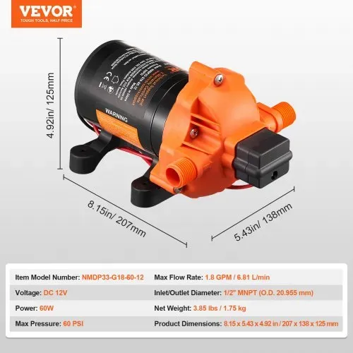 VEVOR 12-V-Membranpumpe, 6,81 L/min, 3-Kammer-DC-Wasserpumpe mit automatischem Druckschalter 40–100 PSI einstellbar, 60 PSI, 1/2 Zoll MNPT-Anschluss, für Wohnmobil, Yacht, Imbisswagen, Camper, Marine – Bild 6