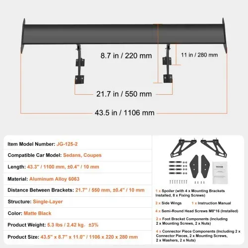 VEVOR GT Wing Autospoiler, 43,3 Zoll Universalspoiler mit Einzeldeck, verstellbares leichtes Aluminium, Auto-Heckspoilerflügel, Rennspoiler BGW/JDM Drift Schwarz – Bild 6