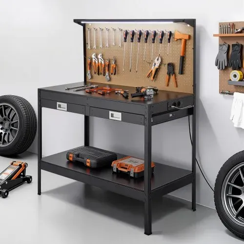 VEVOR Werkbank mit Lochwand, 110kg Belastbarer Arbeitstisch inkl. 2 Ablagefächer 2 Schubladen LED-Beleuchtung & Integrierter Steckdosenleiste mit USB, Multifunktionstisch mit Werkzeugwand für Heimwerk – Bild 7