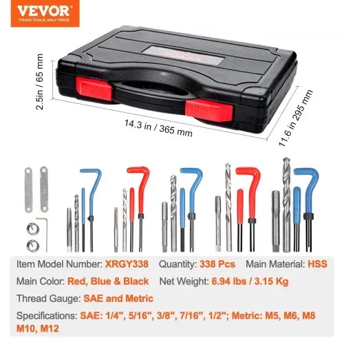 VEVOR Gewindereparatur Gewindereparatursatz Gewinde Reparatur Set 338-teilig, SAE- und metrisches Helicoil-Set Gewindereparaturwerkzeuge M5 M6 M8 M10 M12 1/4 5/16 3/8 7/16 1/2 Zoll HSS-Bohrer – Bild 6