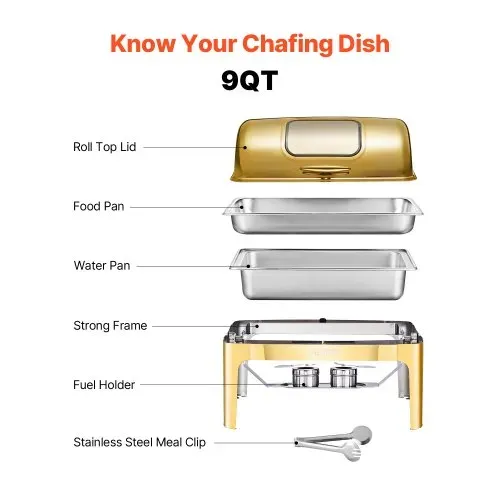 VEVOR Chafing Dish Set Speisenwärmer Edelstahl mit Pfannen in voller Größe (8,5 L), rechteckiger Wärmespender mit sichtbarem Deckel & Wasserpfannenständer & Brennstoffhalter, für Partys Gold – Bild 5