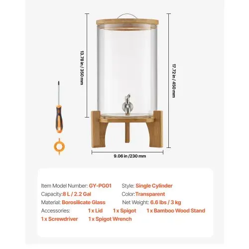 VEVOR Getränkespender (1 x 8 L) für Partys Saftspender (aus Glas) mit tropfsicherem Zapfhahn & Holzständer, Wasserspender für Restaurants Partys, Limonade Eistee selbstgemachte Getränke Spender – Bild 6