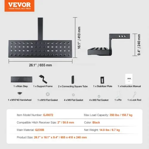 VEVOR Anhängerkupplungsstufe für 50,8 mm Empfänger, robuste Stahlkonstruktion mit 158,7 kg Tragkraft, Heckstoßstangenschutz mit Stiftverriegelung, 665 mm lang für Lkw SUV Pickup Anhänger – Bild 6