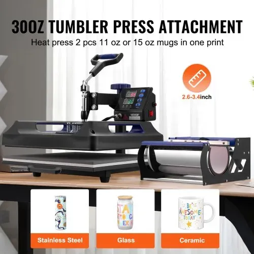 VEVOR Hitzepresse, 15 x 15 Zoll, 5-in-1-Wärmeübertragungsmaschine mit 30-oz-Tumbler-Presse, 360° wegschwenkbares digitales T-Shirt-Pressen, Teflonbeschichtung, für T-Shirts/Tassen/Hüte/Teller, Schwarz+Blau – Bild 2