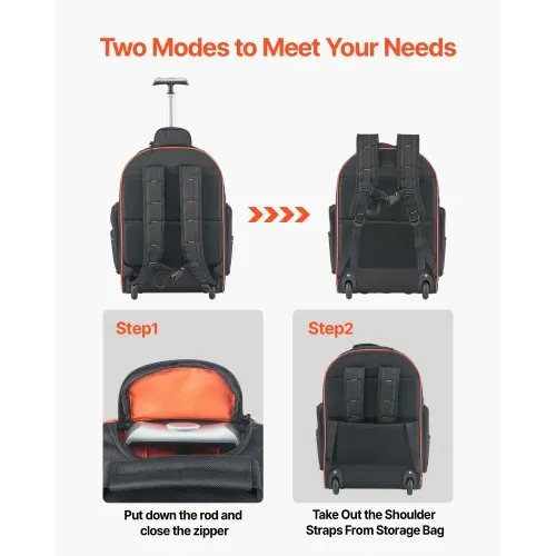 VEVOR Werkzeugrucksack mit Rollen, 50 kg Tragkraft, 72 Taschen, Werkzeugtasche, verstellbarer Teleskopgriff & stabile Basis, Arbeitsrucksack-Organizer für Bau & Mechanik, 450x275x560 mm – Bild 4