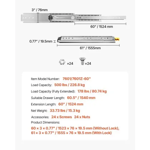 VEVOR Schubladenführung mit Vollauszug, 1 Paar Teleskopschienen Vollauszug, 1524 mm Schubladenschiene, 226,8 kg Tragfähigkeit, seitlich montierte Gleitschiene mit Kugellager & Verriegelung – Bild 6