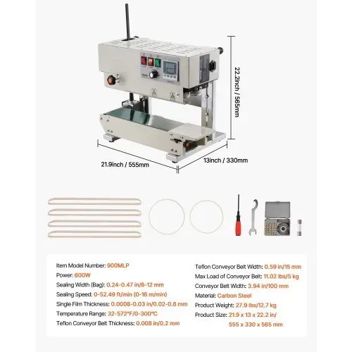 VEVOR Durchgehende Beutelband-Versiegelungsmaschine, 0,24-0,47 Zoll/6-12 mm Siegelbreite, vertikale Bandsiegelmaschine mit digitaler Temperaturregelung, Beutelsiegelgerät aus Karbonstahl für 0,02-0,8 mm starke Plastikbeutelfolien – Bild 6