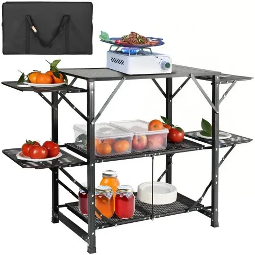 VEVOR Camping-Küchentisch, Aluminium, Faltbar, Tragbar, Outdoor-Kochstation mit 4 Eisenseiten, 2 Regalen und Tragetasche, Schnelle Installation für Picknick, Grillen, Strand, Reisen usw. VEVOR Camping-Küchentisch, Aluminium, Faltbar, Tragbar, Outdoor-Kochstation mit 4 Eisenseiten, 2 Regalen und Tragetasche, Schnelle Installation für Picknick, Grillen, Strand, Reisen usw.