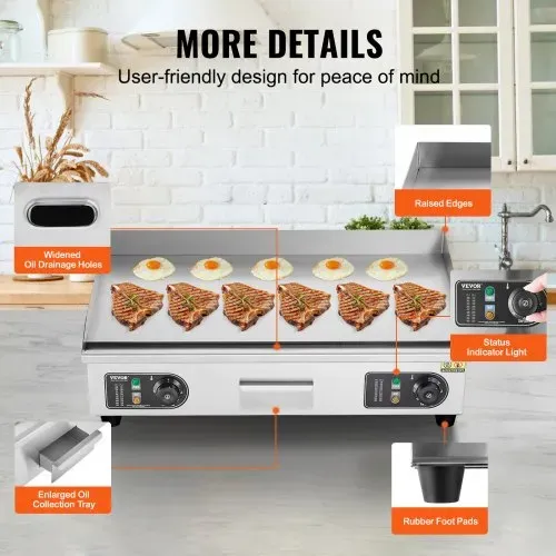VEVOR Kommerzieller elektrischer Grill, 4000 W, flache Grillplatte für die Arbeitsplatte, einstellbare Temperatur von 122 °F bis 572 °F, 25,98 x 15,75 x 0,39 Zoll, Grillplatte aus Edelstahl mit 2 Schaufeln und 2 Bürsten für Zuhause oder das Restaurant – Bild 5