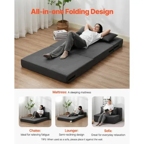 VEVOR 3 in 1 Klappsofa faltbares Schlafsofa mit 2 Kissen & waschbarem Bezug, umwandelbarer Schlafsessel aus 25D Memory Foam, Couch für Wohnzimmer Schlafzimmer, Dunkelgrau (TWIN XL / 1950x1005x150mm) – Bild 4