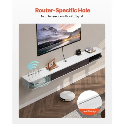 VEVOR TV Schrank hängend Wandhalterung, Fernsehschrank mit Kabelloch, schwebendes TV-Regal mit Stauraum für DVD-Player Kabelbox Spielekonsole, Hängeschrank 52 kg belastbar Weiß 180 cm Länge – Bild 2