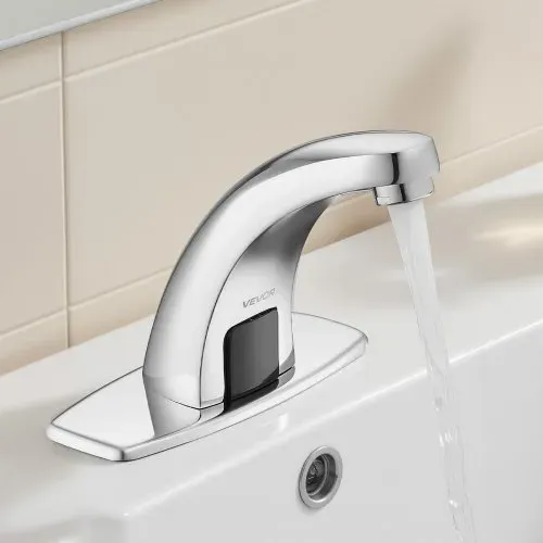 VEVOR berührungsloser Waschtischhahn (verchromtes Silber) Badezimmer, automatische Waschtischarmatur (Nur kaltes Wasser), batteriebetriebener Wasserhahn Toilettenhahn mit Lochabdeckung G233 – Bild 7