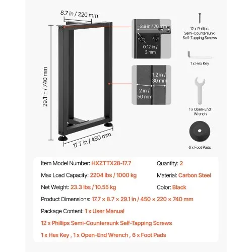 VEVOR Tischkufen 2er-Set 450x220x740 mm, T-förmige Tischuntergestell 1000 kg, Tischbeine Kohlenstoffstahl, Möbelfüße, Tischgestell, Tischfüße für Schreibtische, Couchtische, Esstische, Schwarz – Bild 4
