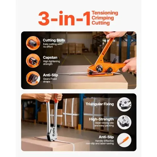 VEVOR 4 tlg. Umreifungsset mit Umreifungsband, Manuelle Umreifungsgerät mit 100 m PET Band, 100 Metallklammern & Schneider, Ideale Werkstattausstattung für industrielle Verpackung, Transport & Lager – Bild 3