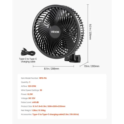 VEVOR Grow Ventilator mit Clip Oszillierend, 10 W-Clip-Ventilator mit USB-Anschluss, 9 Geschwindigkeitsstufen & Zirkulationsmodus, Umluftventilator für Umluft & Kühlung in Growbox, Growzelt, Schwarz – Bild 6