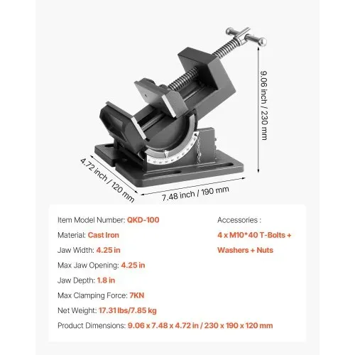 VEVOR Maschinenschraubstock kippbar, 10,795 cm Backenbreite, Bohrmaschinen Schraubstock, 0–90° Neigung verstellbar, Werkbankschraubstock für die Holzbearbeitung & Tischplatten, schwarz – Bild 6