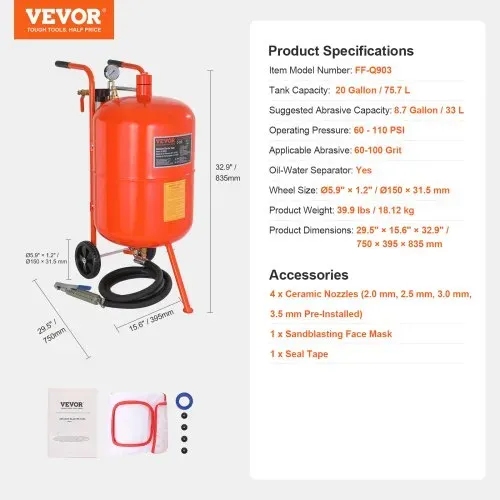VEVOR Mobiles Sandstrahlgerät 75,7 L Sandstrahlanlage ca. 244 cm Arbeitsschlauch Sandstrahler 60–110 PSI Arbeitsdruck ideal zum Entfernen von Rost, Farbe, Flecken und das Polieren großer Flächen – Bild 6