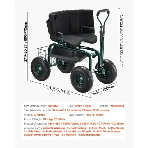 VEVOR Mobiler Gartensitz 810x480x690/770 mm, Gartenrollsitz mit höhenverstellbarer & um 360° drehbarer Sitzfläche, Tragkraft 180 kg, Rückenlehne & Werkzeugaufbewahrung, für Garten, Hof, Terrasse – Bild 6