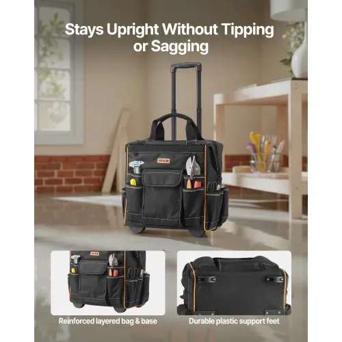 VEVOR Werkzeugtasche mit Rollen, 50 kg Tragkraft, 25 Taschen, Arbeitsrucksack, verstellbarer Teleskopgriff & stabiler Standfuß, Werkzeugtaschen-Organizer für Bau, Mechanik, 390x290x420 mm – Bild 4