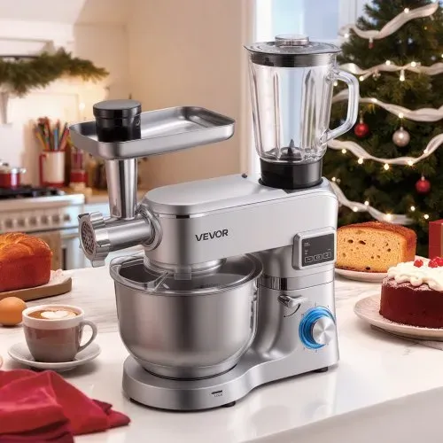 VEVOR multifunktionale Küchenmaschine elektrisch 1500 W mit Edelstahlschüssel (5,7 L) & Mixbecher (1,5 L), Knetmaschine Teigmixer mit 6+P Geschwindigkeiten & Knethaken & Schneebesen & Rührbesen – Bild 7