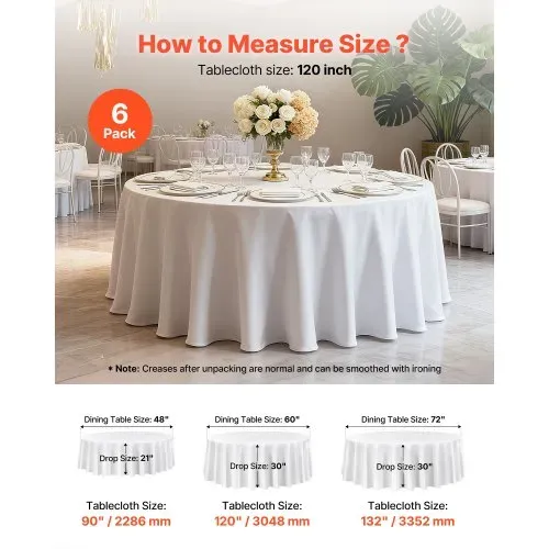 VEVOR 6 Stk. runde Tischdecken Tischwäsche 3048 mm, knitterfreier Tischdeckenschutz, maschinenwaschbares Tischtuch aus Polyestergewebe für Partys Hochzeiten Bankette formelle Veranstaltungen, Weiß – Bild 4