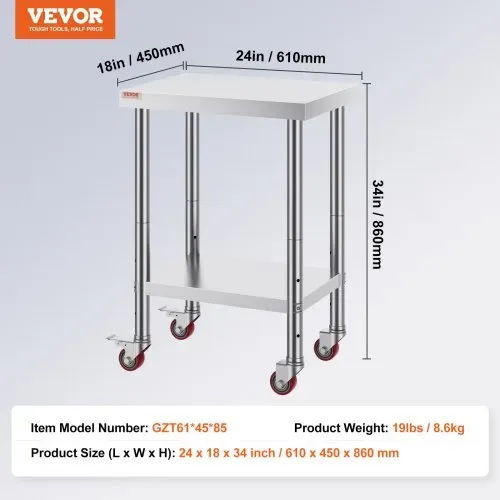 VEVOR Edelstahltisch Arbeitstisch 609,6 x 457,2 x 863,6 mm Edelstahl Catering Arbeitstisch 100kg für Belastbarkeit Lebensmittel Zubereitungstisch Gewerblicher Arbeitstisch – Bild 6