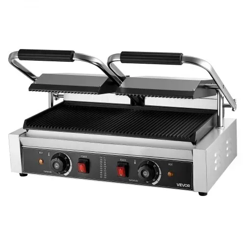 VEVOR kommerzieller Kontaktgrill 3600 W Elektrogrill Sandwichmaker (Doppelbackplatten) Panini Presse aus Edelstahl mit Temperaturregelung, 48 x 23 cm gerillte Emailleplatte für Hamburger Steak Speck – Bild 9