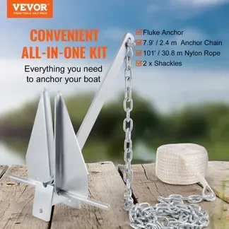 VEVOR Fluke-Ankerset Feuerverzinkter Fluke-Anker aus Stahl mit 2,4 m Kette, 30,8 m Seil und zwei 11 mm Schäkeln, Bootsanker für kleine Schiffe unter 9,14 m, Meere, Flüsse und Küsten 6kg VEVOR Fluke-Ankerset Feuerverzinkter Fluke-Anker aus Stahl mit 2,4 m Kette, 30,8 m Seil und zwei 11 mm Schäkeln, Bootsanker für kleine Schiffe unter 9,14 m, Meere, Flüsse und Küsten 6kg