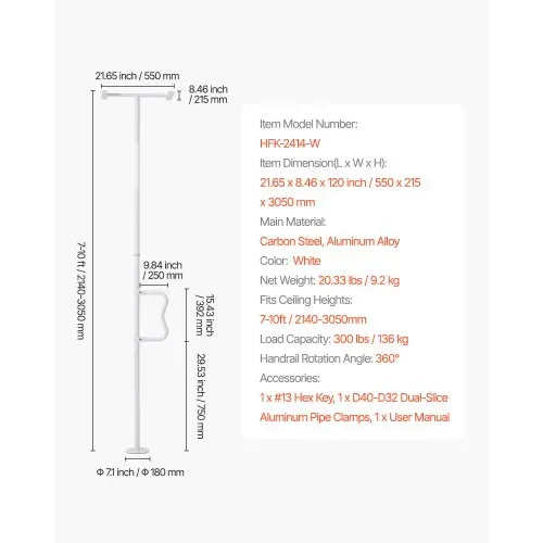 VEVOR Sicherheitsstange vom Boden bis zur Decke, Haltegriff fürs Badezimmer mit rutschfestem gebogenem Griff, 136 kg Tragkraft, für ältere Menschen, für Deckenhöhen von 214 bis 305 cm, weiß – Bild 6