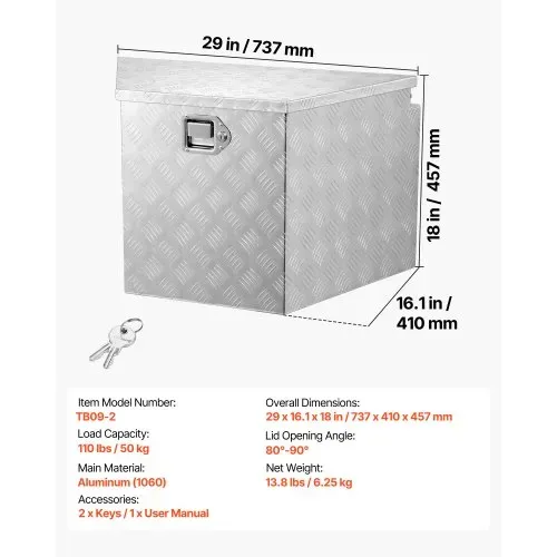 VEVOR Deichselbox Truckbox 737 x 410 x 457 mm aus Aluminium, 50 kg Belastbare Werkzeugaufbewahrungsbox mit Schloss & Schlüsseln, Anhängerbox für Pickup-Ladeflächen Wohnmobile SUVs Geländewagen, Silber – Bild 6
