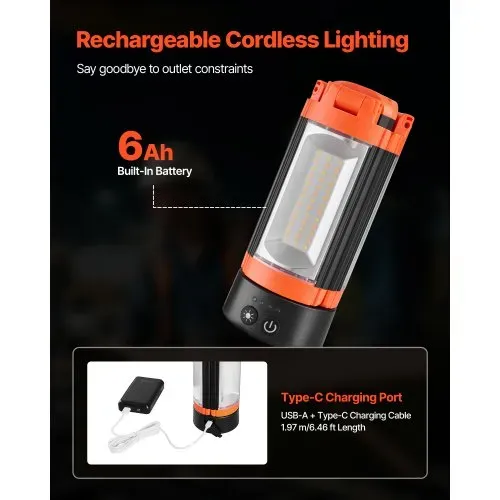 VEVOR Baustrahler LED mit Stativ, Arbeitsleuchte 6 Ah, wiederaufladbares Campinglicht, mit 3 Lampenköpfen, abnehmbarem Stativständer, 2200 LM 3000 K-6500 K dimmbar, Beleuchtung für die Baustelle – Bild 4