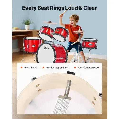 VEVOR Schlagzeug Set, 5-teilig, Drum Kit für Anfänger, inkl. Basstrommel, Snare, Tomtoms, Standtom, Crash-Becken, Hi-Hat mit Ständer, Musik-Lern-Instrumentenset, für Kinder von 6–13 Jahren (rot) – Bild 3