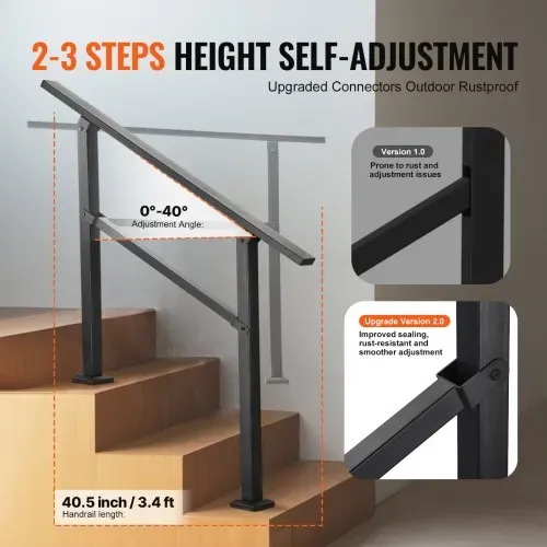 VEVOR Handlauf 103 cm, Treppengeländer-Set für 2–3 Stufen, schwarzes Vierkantrohr mit horizontaler Stange, Stützgeländer aus Karbonstahl für Senioren, Beton- & Decktreppen – Bild 2