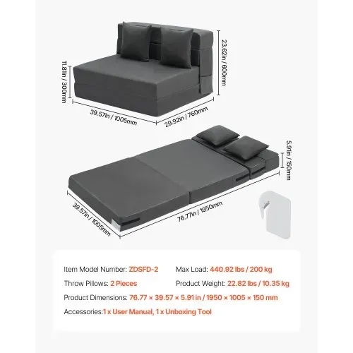 VEVOR 3 in 1 Klappsofa faltbares Schlafsofa mit 2 Kissen & waschbarem Bezug, umwandelbarer Schlafsessel aus 25D Memory Foam, Couch für Wohnzimmer Schlafzimmer, Dunkelgrau (TWIN XL / 1950x1005x150mm) – Bild 6