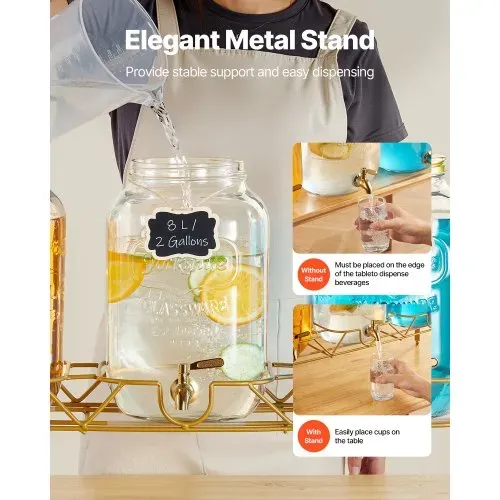 VEVOR Getränkespender (3 x 8 L) für Partys Saftspender (aus Glas) mit tropfsicherem Zapfhahn & Metallständer Wasserspender für Restaurants Partys, Limonade Eistee selbstgemachte Getränke Spender – Bild 4