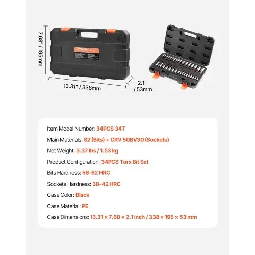 VEVOR Torx Bohrer Steckschlüsselsatz 34-tlg, massiver Stern & manipulationssicher T6-T70, S2-Legierungsstahl & Cr-V-Stahl, 1/4 & 3/8 & 1/2 Zoll Antriebe, mit Aufbewahrungskoffer, für Handbenutzung – Bild 6
