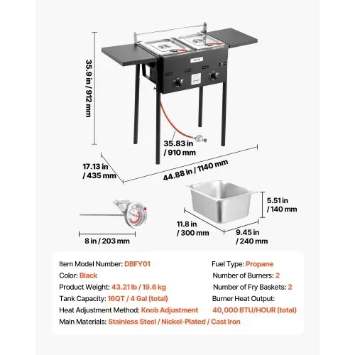 VEVOR Propan-Fritteuse Outdoor gewerbliche Fritteuse mit 2 Tanks (9 L x 2), Edelstahl-Kocher mit faltbarer Plattform & Doppelkorb & Wärmeregulierung, Standfritteusen für Restaurants Snackbars – Bild 6
