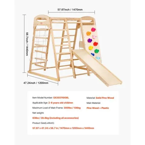 VEVOR Indoor Klettergerüst, 7-in-1 Multifunktional Spielplatz, mit Holz- & Seilleiter, Netzleiter, Schaukel, Kletterstange, Rutsche, Kletterwand, Kletterspielzeug für Kinder im Alter von 2-6 Jahren – Bild 6
