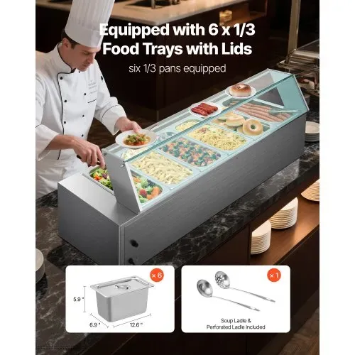 VEVOR kommerzieller Speisenwärmer (6 x 1/3 Größe Behälter), 1,5 kW elektrischer Wärmebehälter aus Edelstahl mit Glasabdeckung & Suppenkelle, Chafing Dishes für Catering Restaurant Party – Bild 2