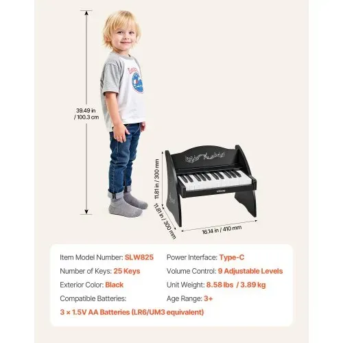 VEVOR Kinder Keyboard, 25 Tasten, Digitales Holzpiano, Holzklavier ab 3 Jahren, Mini-Musikinstrument mit Realistischem Klang, Dual-Power, Einstellbare Lautstärke, Musikalische Früherziehung, Schwarz – Bild 6