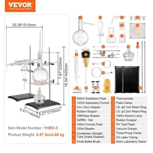 VEVOR Destillationsset für ätherische Öle, 500-ml-Destillationsgerät, 3,3-Boro-Laborglas-Destillationsset mit Alkohollampe, Keramiknetz und 24-, 40-Verbindung, 28-teiliges Set – Bild 6