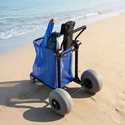VEVOR Strandwagen mit Ballonreifen (12 Zoll), Faltbarer Strandtrolley mit 180° Verstellbarem Griff Pumpe und Aluminiumrahmen, Handwagen (75 kg Belastbar), Strandkarre Ideal für Camping Angeln Garten – Bild 7